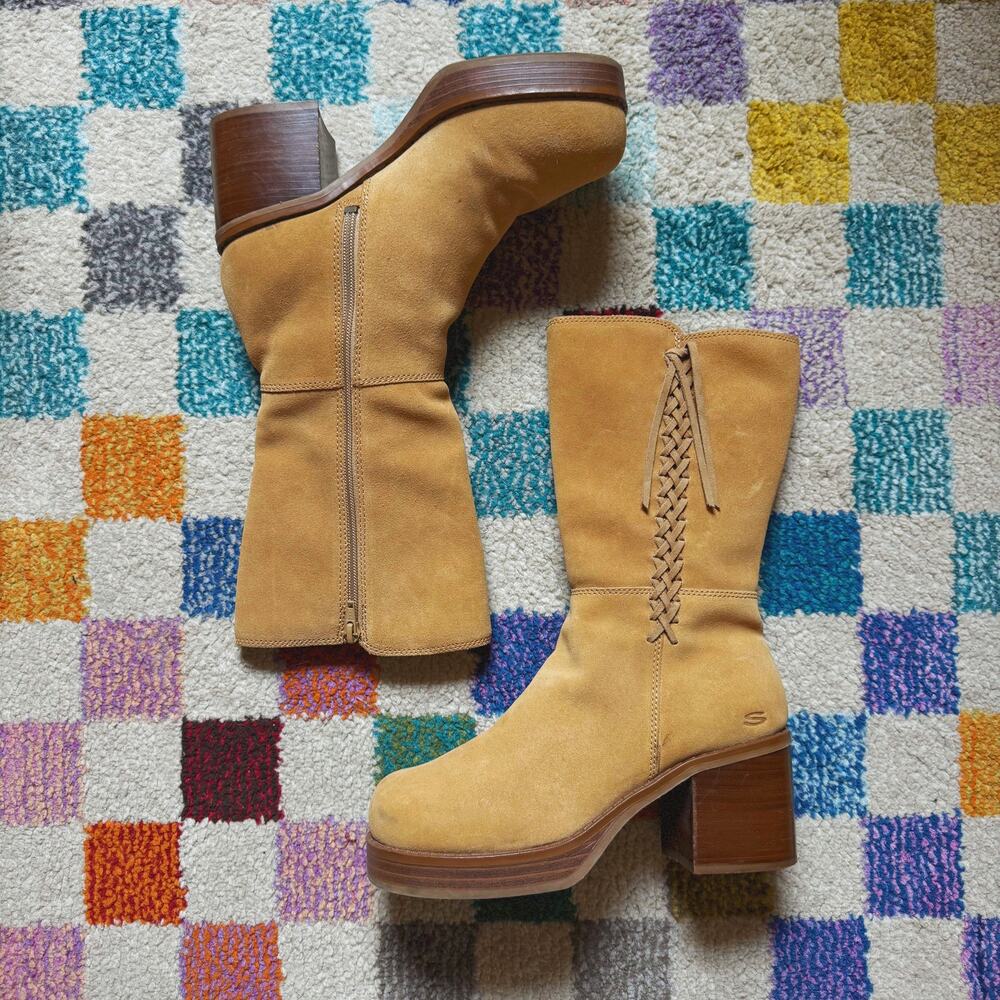 RARE Vintage Y2K Skechers Somethin' Else Tan Suede Platform Boots Women's Size 8